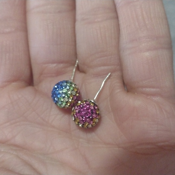 VINTAGE STERLING SILVER .925 MULTICOLOR PAVE CRYSTAL 8MM BALL STUD EARRINGS - Picture 3 of 9